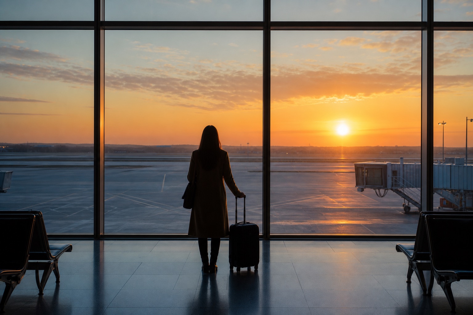 Silhouette of a traveler with a suitcase at an airport window at sunrise