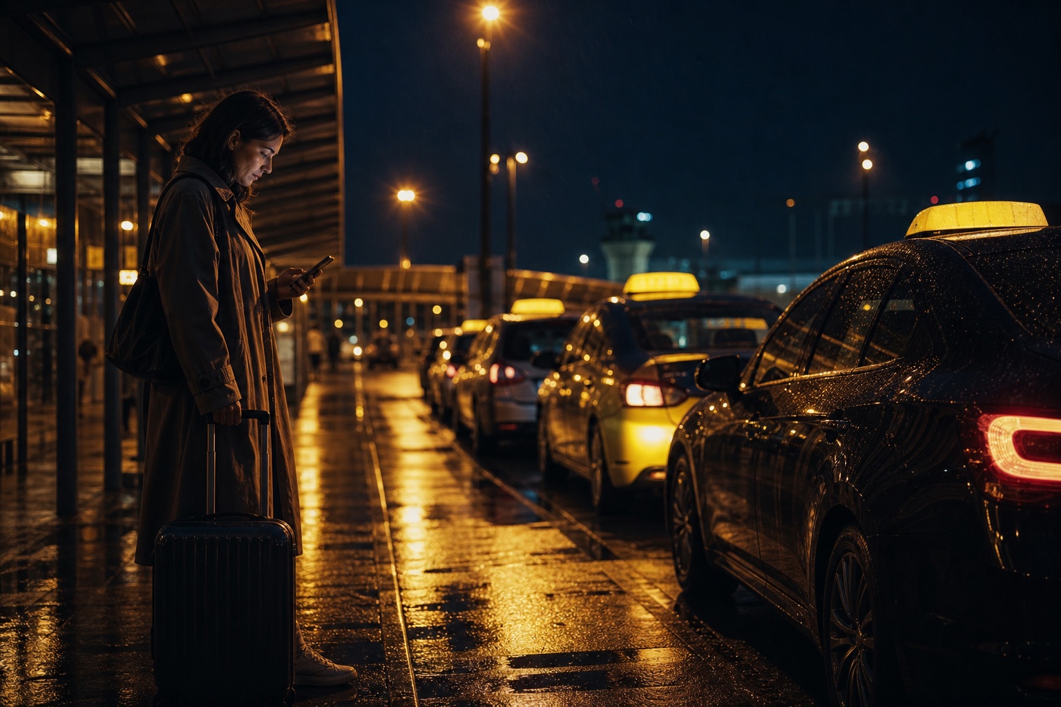 Traveler at a night taxi rank outside an airport